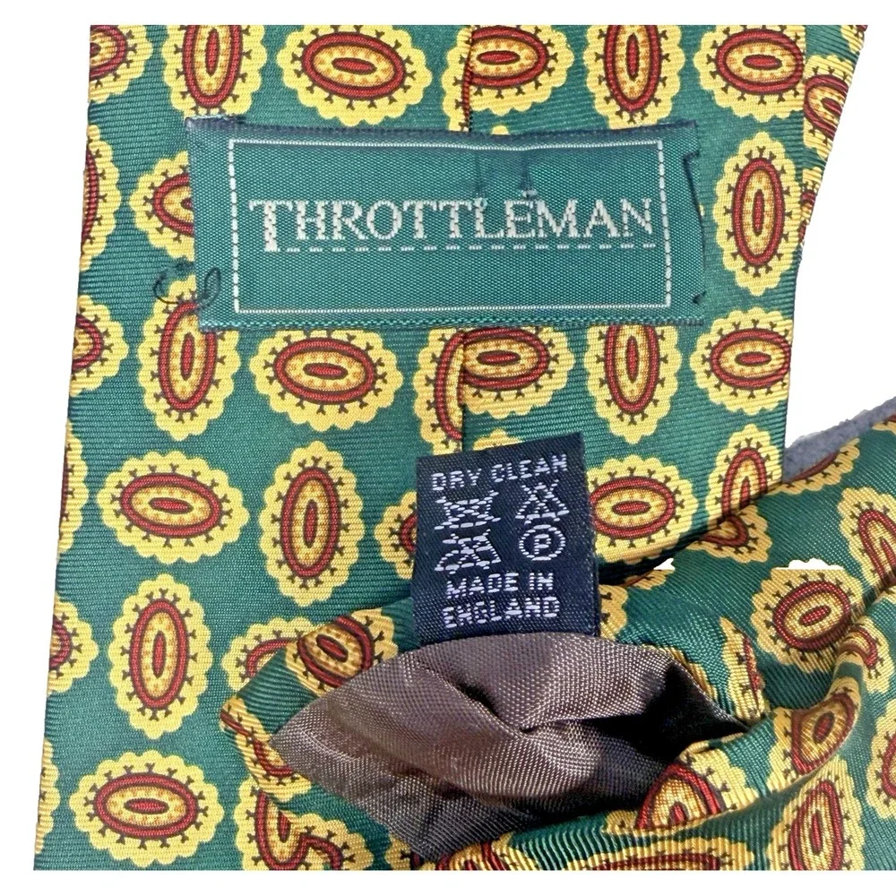 Throttleman‎ England Silk Tie Vintage Green Yellow Geometric Designer Necktie